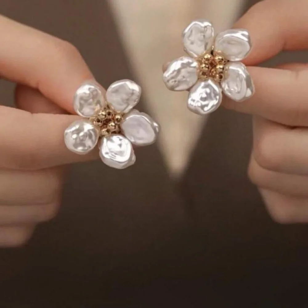 Gold and White pearl Flower Earrings with Crystal Accents - Picture 1 of 7